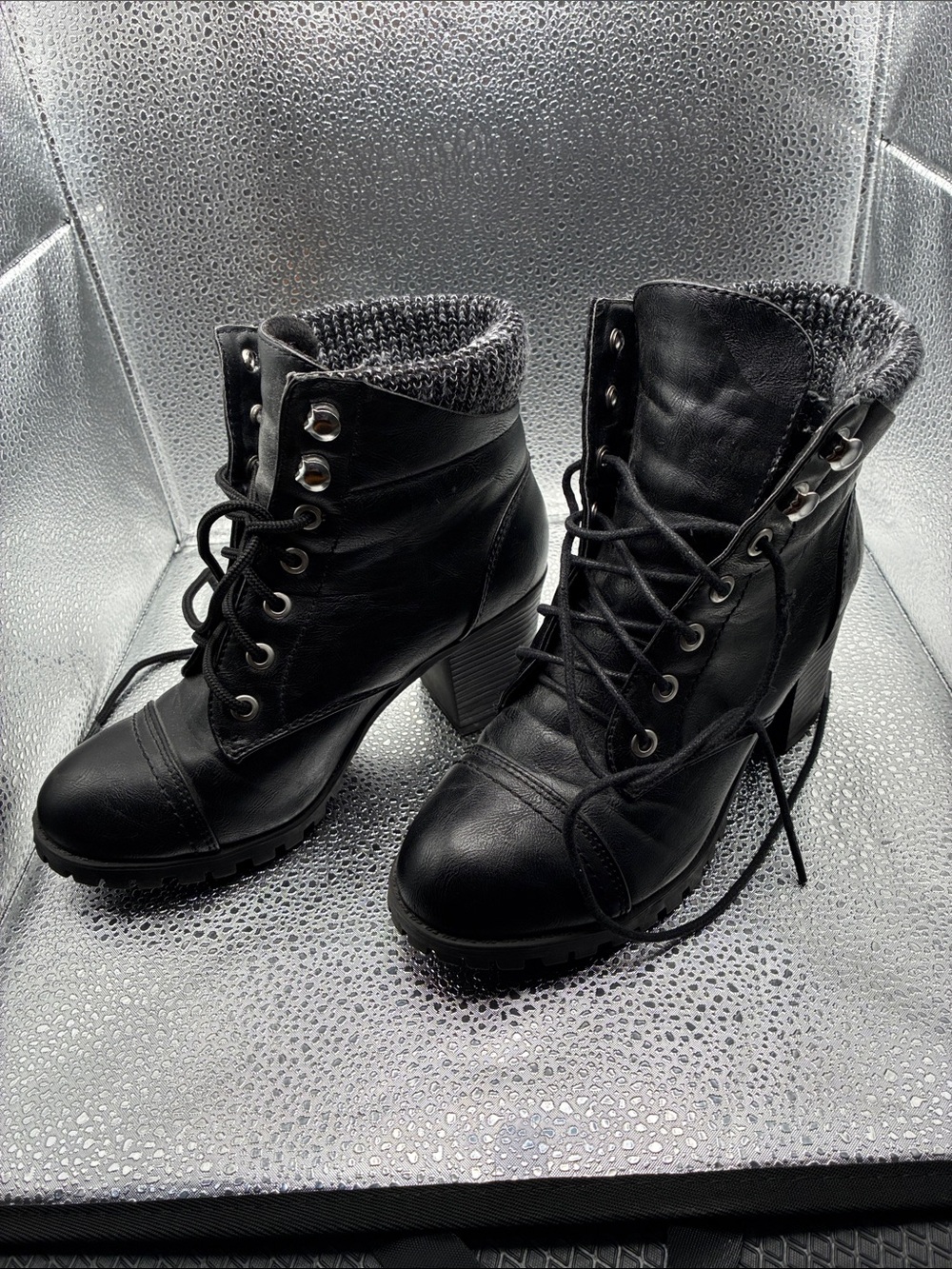 BAMBOO Black Lace-Up Heeled Ankle Boots with Knit Collar